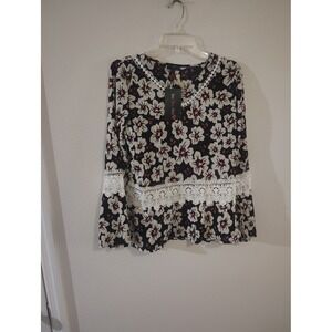 Be.You.tiful Floral Lace Trim Bell Sleeve Blouse Navy Cream Red Small NWT